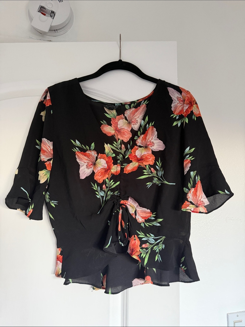 Topshop Black Floral Tie-Front Blouse